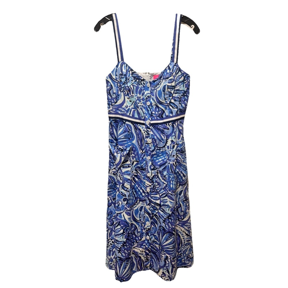 LILLY PULITZER iris blue Zanzibar Zoo button front Ellee midi sun dress 6